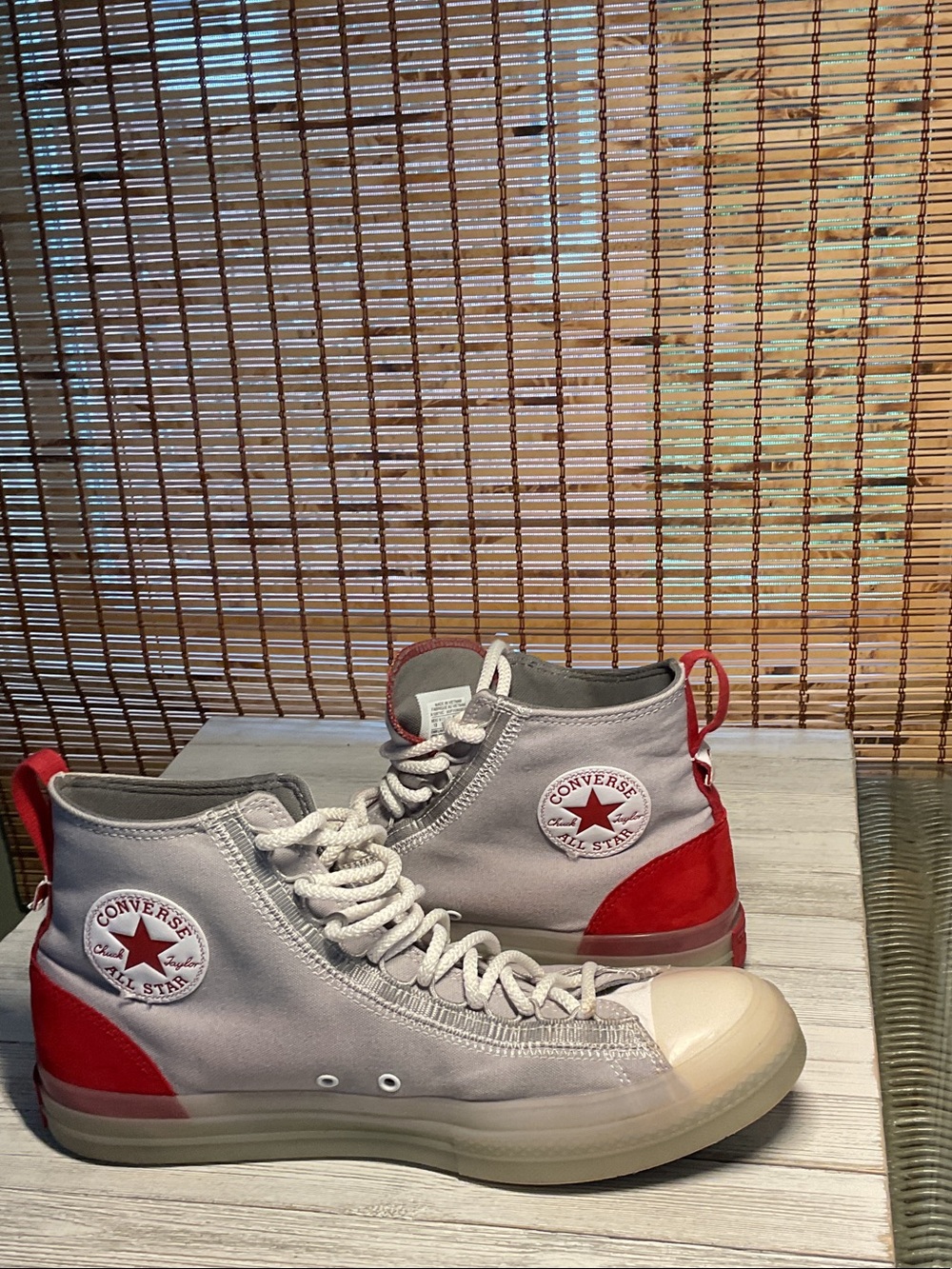 Converse High Top Sneakers in Gray with Red Accents